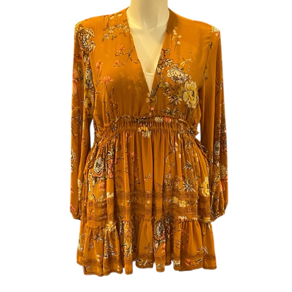 Free People Burnt Orange Floral Tiered Dress Flouncy Sheer Sleeves Lined Size M